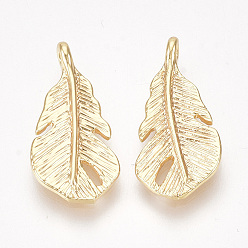 Real 18K Gold Plated Brass Pendants, Feather, Nickel Free, Real 18K Gold Plated, 18x8.5x3mm, Hole: 1mm