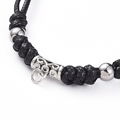 Black Braided Bead Bracelets, with Waxed Polyester Cord, Tibetan Style Alloy Tube Bails and 304 Stainless Steel Beads, Antique Silver & Stainless Steel Color, Black, 1 inch~4-3/8 inch((2.6~11cm)