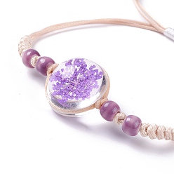 Violet Bleu Bracelet à maillons de fleurs pressées à sec fait à la main pour fille femme, bracelet réglable en perles de verre babysbreath, bleu violet, diamètre intérieur: 5/8~ 3-1/8 pouce (1.5~7.9 cm)