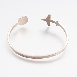 Rose Gold 304 Stainless Steel Cuff Bangles, Travel Theme, Airplane and Earth, Rose Gold, Inner Diameter: 2-1/2 inch(6.3cm)