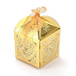 Gold Laser Cut Paper Hollow Out Heart & Flowers Candy Boxes, Square with Ribbon, for Wedding Baby Shower Party Favor Gift Packaging, Gold, 5x5x7.6cm