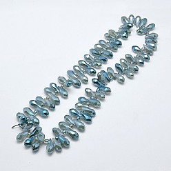 Aqua Electroplate Glass Beads Strands, Top Drilled Beads, Full Pearl Luster Plated, Faceted, Teardrop, Aqua, 12x6mm, Hole: 1mm