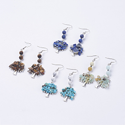 Mixed Stone Natural & Synthetic Gemstone Dangle Earrings, with Brass Earring Hooks, Tibetan Style Pendants, Tree, 67mm, Pin: 0.6mm
