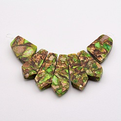 Yellow Green Assembled Bronzite and Imperial Jasper Beads Strands, Sagittate, Yellow Green, 19~44x15~27x6~7mm, Hole: 1.5mm, about 7pcs/strand, 3.74 inch(9.5cm)