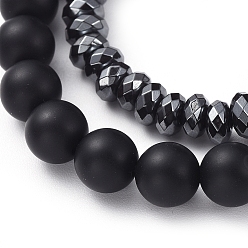Gunmetal & Doré Ensembles de bracelet extensible, Bracelets en perles d'hématite synthétique non magnétiques et bracelet en perles d'agate noire naturelle (teinte), avec des perles de zircon cubique en laiton et des perles d'espacement et une boîte à bijoux, gris anthracite & Golden, 1-7/8 pouces (49 mm), 2-1/8 pouces (54 mm), 2 pièces / kit