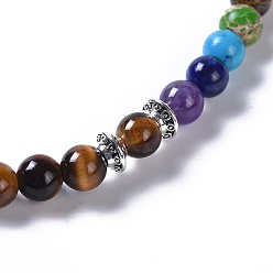 Tiger Eye Two Loops Natural Tiger Eye & Natural/Synthetic Mixed Stone Beads Warp Stretch Bracelets, with Evil Eye Lampwork Round Beads and Tibetan Style Alloy Beads, 13-3/8 inch(34cm)