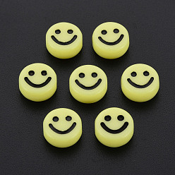 Yellow Opaque Acrylic Beads, with Enamel, Flat Round with Smile Face, Yellow, 10x5mm, Hole: 2mm, about 1450pcs/500g