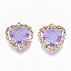 Lilac Glass Pendants, with Brass Open Back Settings, Faceted, Heart, Light Gold, Lilac, 18x16~17x5.5mm, Hole: 1.2mm