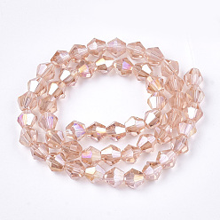 Pink Perles en verre electroplate, de couleur plaquée ab , facette, Toupie, rose, 6x5.5~6mm, Trou: 1mm, Environ 47~48 pcs/chapelet, 10.83 pouce (27.5 cm)