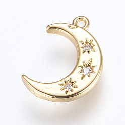 Mixed Color Brass Charms, with Cubic Zirconia, Moon, Mixed Color, 16x10x2mm, Hole: 1.2~1.5mm