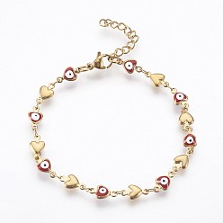 Rouge Placage ionique (ip) 304 bracelets à maillons en acier inoxydable, avec l'émail et le homard fermoirs pince, coeur avec le mauvais œil, rouge, 7-1/4 pouce (18.5 cm)