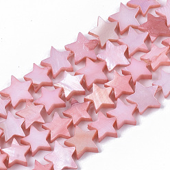Pink Freshwater Shell Beads Strands, Dyed, Star, Pink, 9~10.5x9.5~11.5x2~3mm, Hole: 1mm, about 38pcs/Strand, 11.8 inch~13.3 inch