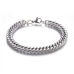 Stainless Steel Color 304 Stainless Steel Cuban Link Chain Bracelets, with Lobster Claw Clasps, Stainless Steel Color, 9 inch(23cm), 9mm