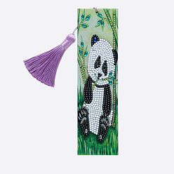 Panda DIY Diamond Painting Stickers Kits For Bookmark Making, with Diamond Painting Stickers, Resin Rhinestones, Diamond Sticky Pen, Tassel, Tray Plate and Glue Clay, Rectangle, Panda Pattern, 210x60mm