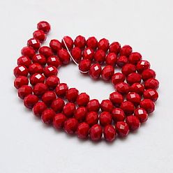 Crimson Imitation Jade Glass Bead Strands, Faceted, Rondelle, Crimson, 10x8mm, Hole: 1mm, about 66pcs/strand, 21.2 inch