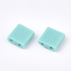 Turquoise 2-Hole Opaque Glass Seed Beads, Rectangle, Turquoise, 5x4.5~5.5x2~2.5mm, Hole: 0.5~0.8mm