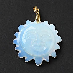 Opalite Opalite Pendants, with Golden Tone Brass Findings, Lead Free & Cadmium Free, Sun with Smiling Face, 42x34~35x10.5mm, Hole: 3.8x5mm