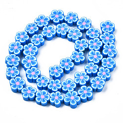 Deep Sky Blue Handmade Polymer Clay Bead Strands, Flower, Deep Sky Blue, 7.5~10x7~11x3.5~5mm, Hole: 1.6mm, about 38~40pcs/strand, 13.58 inch~14.57 inch(34.5~37cm)