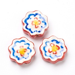 Red Handmade Porcelain Flower Beads, Red, 16~17x16~17x6~6.5mm, Hole: 2mm, about 20pcs/strand, 12.99 inch(33cm)