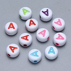 Letter A Craft Acrylic Horizontal Hole Letter Beads, Flat Round, Mixed Color, Letter.A, 7x3.5~4mm, Hole: 1.5mm, about 3600pcs/500g