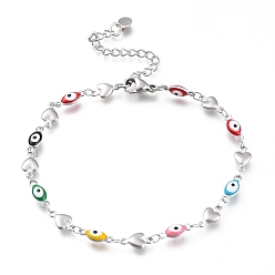 Colorful 304 Stainless Steel Link Bracelets, with Enamel and Lobster Claw Clasps, Evil Eye & Heart, Stainless Steel Color, Colorful, 8-1/4 inch(21cm), Eye: 11x4x2.5mm