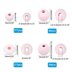 Pink PANDAHALL ELITE 200G 4 Styles Natural Wood Beads, Dyed, Rondelle & Round, Pink, 8~14x7~13mm, Hole: 2~4.5mm, 50g/style