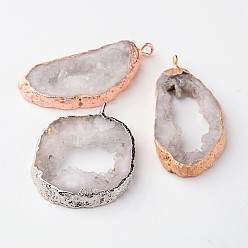 Mixed Color Natural Geode Agate Druzy Slice Pendants, Nuggets, with Brass Findings, Mixed Color, 18~48x28~70x6~9mm, Hole: 2mm