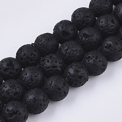 Noir Brins de perles de pierre de lave naturelle peintes à la bombe, ronde, noir, 10~11mm, Trou: 1.4mm, Environ 37~39 pcs/chapelet, 14.96 pouce (38 cm)