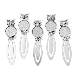 Antique Silver Owl Vintage Tibetan Style Alloy Bookmarks Cabochon Settings, Cadmium Free & Lead Free, Antique Silver, Flat Round Tray: 20mm, Fit for 1.5mm Rhinestone, 88x22.5x3mm