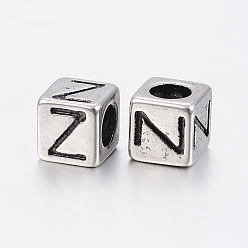 Antique Silver 304 Stainless Steel Large Hole Letter European Beads, Cube with Letter.Z, Antique Silver, 8x8x8mm, Hole: 5mm