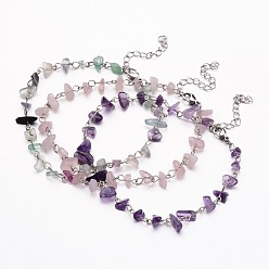 Mixed Color Natural Gemstone Chip Beaded Anklets, with 304 Stainless Steel Lobster Claw Clasps and Iron Findings, Mixed Color, 10-1/4 inch(260mm)