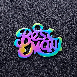 Rainbow Color Ion Plating(IP) 201 Stainless Steel Charms, for Mother's Day, Phrase Best Mom, Rainbow Color, 10x14x1mm, Hole: 1.5mm