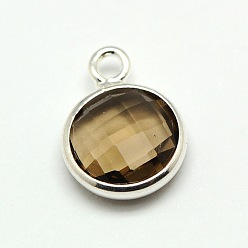 Tan Silver Color Plated Brass Glass Flat Round Charms, Faceted, Tan, 12x8.5x3mm, Hole: 1.5mm