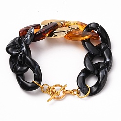 Mixed Color Acrylic Cuban Link Chain Bracelets, Curb Chain Bracelets, with CCB Plastic Findings and Alloy Toggle Clasps, Mixed Color, 8 inch(20.2cm)