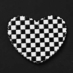 Noir Pendentifs acryliques imprimés, coeur avec motif tartan, noir, 26x31.5x2mm, Trou: 1.5mm