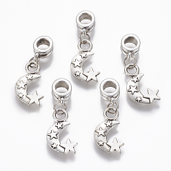 Antique Silver Tibetan Style Alloy European Dangle Charms, Large Hole Beads, with Iron Findings, Moon with Star, Antique Silver, 29mm, Pendant: 18x11x1.5mm, Hole: 4.5mm