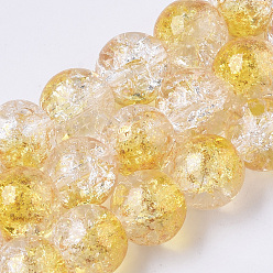 Or Brins de perles de verre craquelées peintes à la bombe transparente, avec une feuille d'or, ronde, or, 10~11mm, Trou: 1.4~1.6mm, Environ 39~42 pcs/chapelet, 14.84 pouces ~ 15.27 pouces (37.7~38.8 cm)