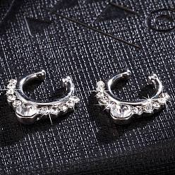 Clear Personality Brass Cubic Zirconia Clip-on Nose Septum Rings, Nose Piercing Jewelry, Circular/Horseshoe Barbell, Platinum, Clear, 17x16mm