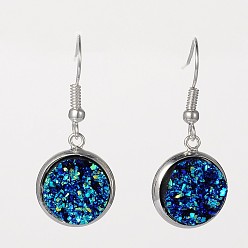 Blue Silver Color Plated Flat Round Brass Druzy Resin Dangle Earrings, Blue, 34mm, Pin: 0.7mm