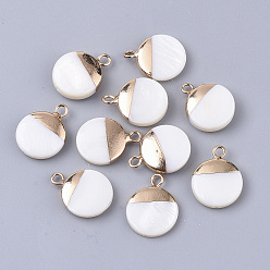 Seashell Color Electroplate Freshwater Shell Pendants, for DIY Jewelry Making, with Top Golden Plated Brass Loops and Half Drilled, Flat Round, Seashell Color, 16.5x13x4mm, Hole: 0.8~1.8mm
