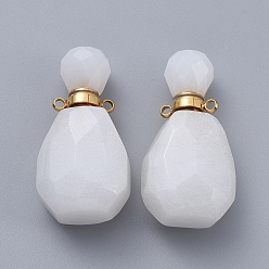White Jade Faceted Natural White Jade Openable Perfume Bottle Pendants, with Golden Tone 304 Stainless Steel Findings, 36.5~37x18~18.5x13.5mm, Hole: 1.8mm, Bottle Capacity: 1ml(0.034 fl. oz)