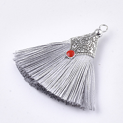 Light Grey Polyester Tassel Pendant Decorations, with Alloy Findings and Enamel, Fan Shape, Antique Silver, Light Grey, 45~50x40~44x7~10mm, Hole: 2.5mm