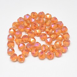 Dark Orange Electroplate Glass Beads Strands, Rainbow Plated, Frosted, Faceted, Round, Dark Orange, 9~10x9~10mm, Hole: 2mm, about 72pcs/strand, 25.98 inch