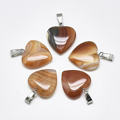 Sienna Natural Banded Agate/Striped Agate Pendants, Dyed, with Stainless Steel Snap On Bails, Heart, Stainless Steel Color, Sienna, 22~24x20~21x5~7mm, Hole: 3~4x7~8.5mm