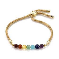 Light Khaki Chakra Jewelry, Adjustable Nylon Cord Slider Bracelets, Bolo Bracelets, with Natural & Synthetic Gemstone Beads and Brass Findings, Golden, Light Khaki, Inner Diameter: 2-5/8 inch(6.7cm), Slider Bead: 8x5.5mm