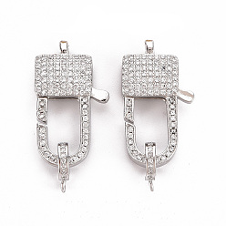 Platinum Brass Micro Pave Clear Cubic Zirconia Lobster Claw Clasps,  Cadmium Free & Nickel Free & Lead Free, Rectangle, Real Platinum Plated, 26.5x14.5x5.5mm, Hole: 1.5x2mm, Tube Bails, 10x7.5x2mm, hole: 1.4mm