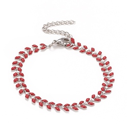 Brique Rouge Bracelet chaînes à maillons de blé en émail, 304 bijoux en acier inoxydable pour femmes, couleur inox, firebrick, 6-7/8 pouce (17.5 cm)