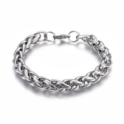 Stainless Steel Color 304 Stainless Steel Wheat Chain Bracelets, with Lobster Claw Clasps, Stainless Steel Color, 8-5/8 inch(22cm)