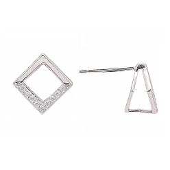 Platinum Rhodium Plated 925 Sterling Silver Stud Earring Findings, with Micro Pave Cubic Zirconia, Bar Links and Ice Pick Pinch Bail, Rhombus, Platinum, 10x10mm, Pin: 0.8mm