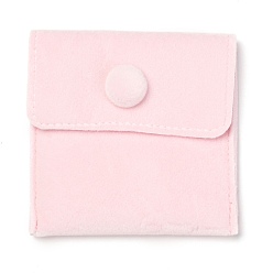 Pink Square Velvet Jewelry Bags, with Snap Fastener, Pink, 6.7~7.3x6.7~7.3x0.95cm